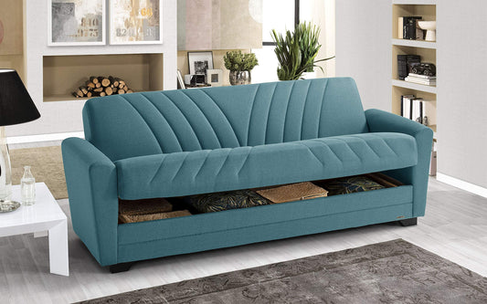 Divano 3 posti in tessuto lavabile turchese - 220 x 88 x 83h cm., vano contenitore, trasformabile in letto una piazza e mezza