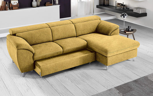 Dafne Italian Design Divano Letto angolare 3 posti con penisola a Destra. Tessuto Romeo Senape (cm. 269 x 175 x 94h)