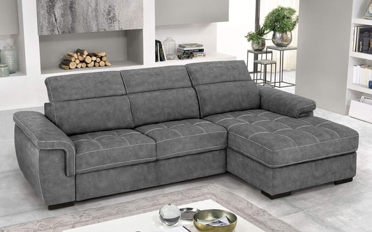 Dafne Italian Design Divano Letto angolare 3 posti con penisola a Destra. Similpelle Effetto Nabuk Cenere (cm. 287 x 176 x 96h)