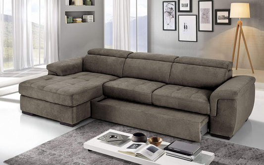 Dafne Italian Design Divano Letto angolare 3 posti con penisola a Sinistra. Tessuto Romeo Marrone Chiaro (cm. 287 x 176 x 96h)