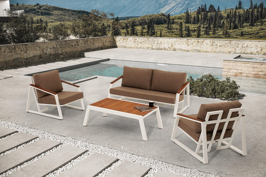 Dafne Italian Design Salotto da giardino per uso professionale, in alluminio bianco, cuscini marroni compresi. n.1 divano 2 posti, n.2 poltrone, n.1 tavolino.