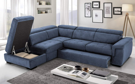 Dafne Italian Design Divano Letto angolare 3 posti con penisola a Sinistra. Tessuto Romeo Denim (cm. 282 x 242 x 96h)