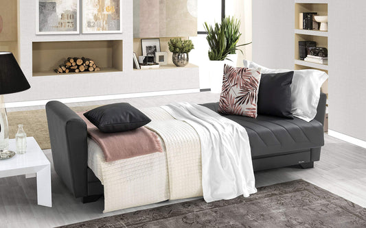 Dafne Italian Design Divano 3 posti grigio in similpelle - 220 x 88 x 83h cm., vano contenitore, trasformabile in letto una piazza e mezza