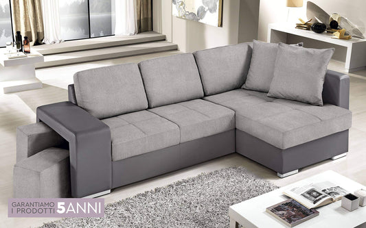 Dafne Italian Design Divano Letto angolare 2 posti con penisola a Destra. Similpelle Grigio, Tessuto Light Grey (cm. 267 x 158 x 89h)