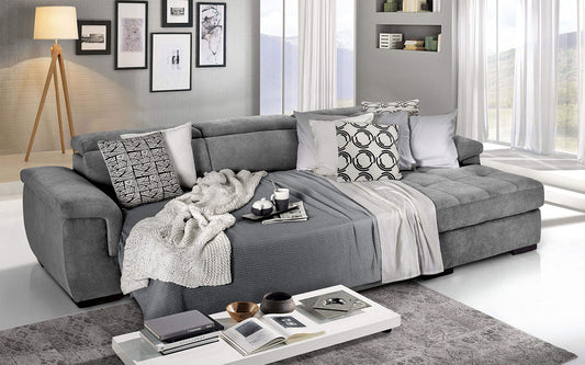 Dafne Italian Design Divano Letto angolare 3 posti con penisola a Destra. Tessuto Romeo Silver (cm. 287 x 176 x 96h)