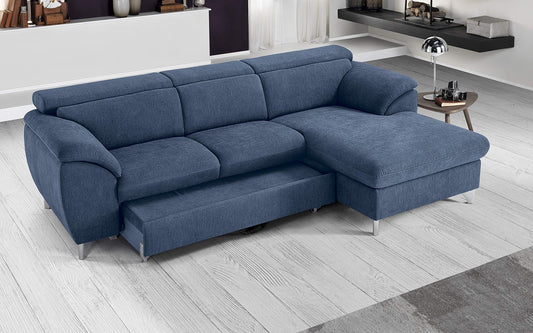 Dafne Italian Design Divano Letto angolare 3 posti con penisola a Destra. Tessuto Romeo Denim (cm. 269 x 175 x 94h)