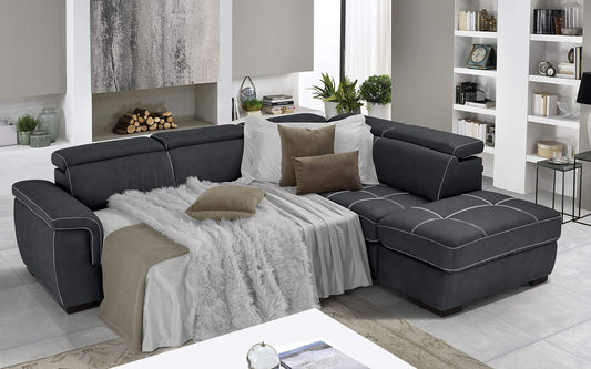 Dafne Italian Design Divano Letto angolare 3 posti con penisola a Destra. Similpelle Effetto Nabuk Grafite (cm. 282 x 242 x 96h)