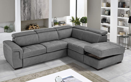 Dafne Italian Design Divano Letto angolare 3 posti con penisola a Destra. Similpelle Effetto Nabuk Cenere (cm. 282 x 242 x 96h)