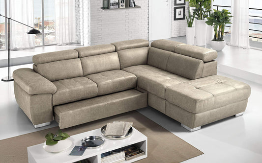 Dafne Italian Design Divano Letto angolare 3 posti con penisola a Destra. Tessuto Tay Tay Sand (cm. 285 x 245 x 97h)