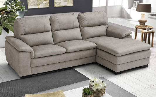 Dafne Italian Design Divano angolare 3 posti con penisola a Destra. Similpelle Effetto Nabuk Light Grey (cm. 275 x 158 x 94h)