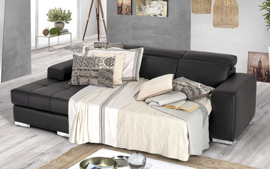 Dafne Italian Design Divano Letto angolare 3 posti con penisola a Sinistra. Similpelle Nero (cm. 259 x 178 x 94h)