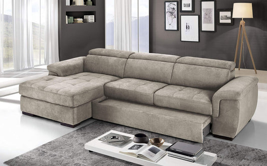 Dafne Italian Design Divano Letto angolare 3 posti con penisola a Sinistra. Tessuto Romeo Ecru (cm. 287 x 176 x 96h)