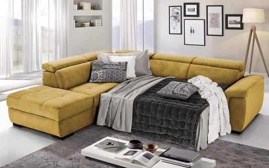 Dafne Italian Design Divano Letto angolare 3 posti con penisola a Sinistra. Tessuto Romeo Senape (cm. 282 x 242 x 96h)