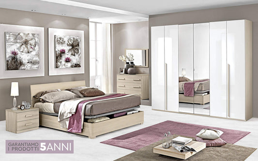 Dafne Italian Design Camera Completa - Effetto Pino Chiaro, Bianco Laccato (cm. 274 x 55 x 247)