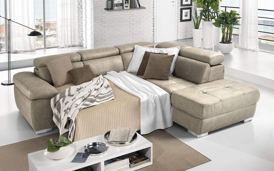 Dafne Italian Design Divano Letto angolare 3 posti con penisola a Destra. Tessuto Tay Tay Sand (cm. 285 x 245 x 97h)