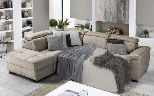 Dafne Italian Design Divano Letto angolare 3 posti con penisola a Sinistra. Similpelle Effetto Nabuk Light Grey (cm. 282 x 242 x 96h)