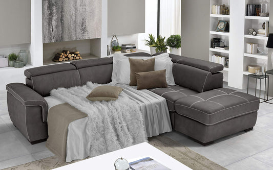 Dafne Italian Design Divano Letto angolare 3 posti con penisola a Destra. Similpelle Effetto Nabuk Granit Grey (cm. 282 x 242 x 96h)