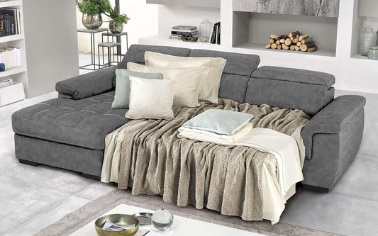 Dafne Italian Design Divano Letto angolare 3 posti con penisola a Sinistra. Similpelle Effetto Nabuk Cenere (cm. 287 x 176 x 96h)
