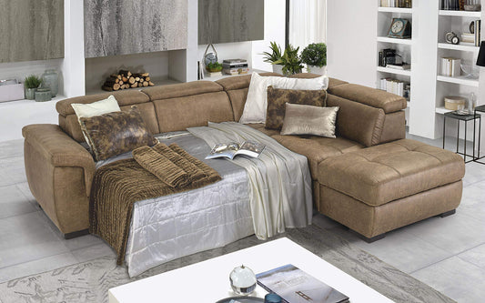 Dafne Italian Design Divano Letto angolare 3 posti con penisola a Destra. Tessuto Tay Tay Camel (cm. 282 x 242 x 96h)
