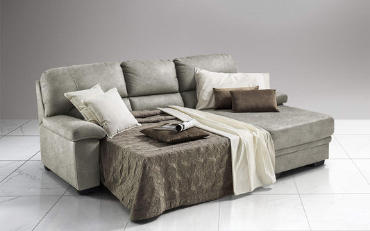 Dafne Italian Design Divano Letto angolare 2 posti con penisola a Destra. Similpelle Effetto Nabuk Light Grey (cm. 252 x 160 x 92h)