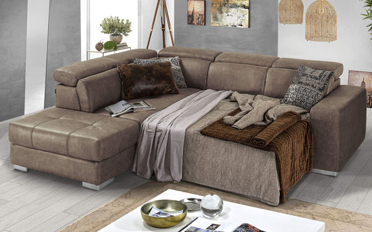 Dafne Italian Design Divano Letto angolare 3 posti con penisola a Sinistra. Tessuto Tay Tay Toffee (cm. 266 x 230 x 94h)