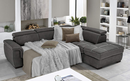Dafne Italian Design Divano Letto angolare 3 posti con penisola a Destra. Similpelle Effetto Nabuk Nero (cm. 282 x 242 x 96h)