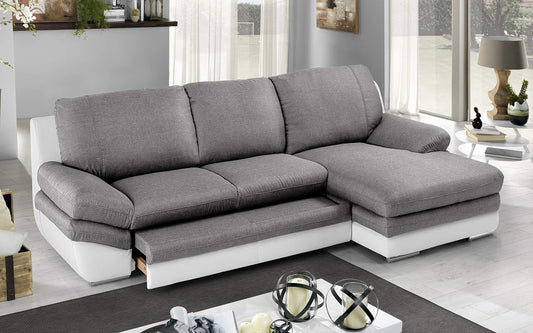 Dafne Italian Design Divano Letto angolare 2 posti con penisola a Destra. Similpelle Bianco, Tessuto Grigio (cm. 271 x 166 x 91h)