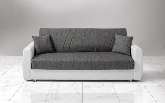 Dafne Italian Design Divano Letto 3 posti. Similpelle Bianco, Tessuto Light Grey (cm. 225 x 87 x 92h)