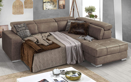 Dafne Italian Design Divano Letto angolare 3 posti con penisola a Destra. Tessuto Tay Tay Toffee (cm. 266 x 230 x 94h)